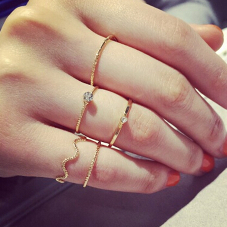 2015 Simple Gold Crystal Knuckle Finger Midi Ring Wave Ring Set Bague For Women mulheres anel