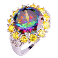 Wholesale Noble Round Cut Rainbow Topaz & Citrine & White Sapphire Gorgeous Jewelry 925 Silver Ring Size 7 8 9 10 Free Shipping