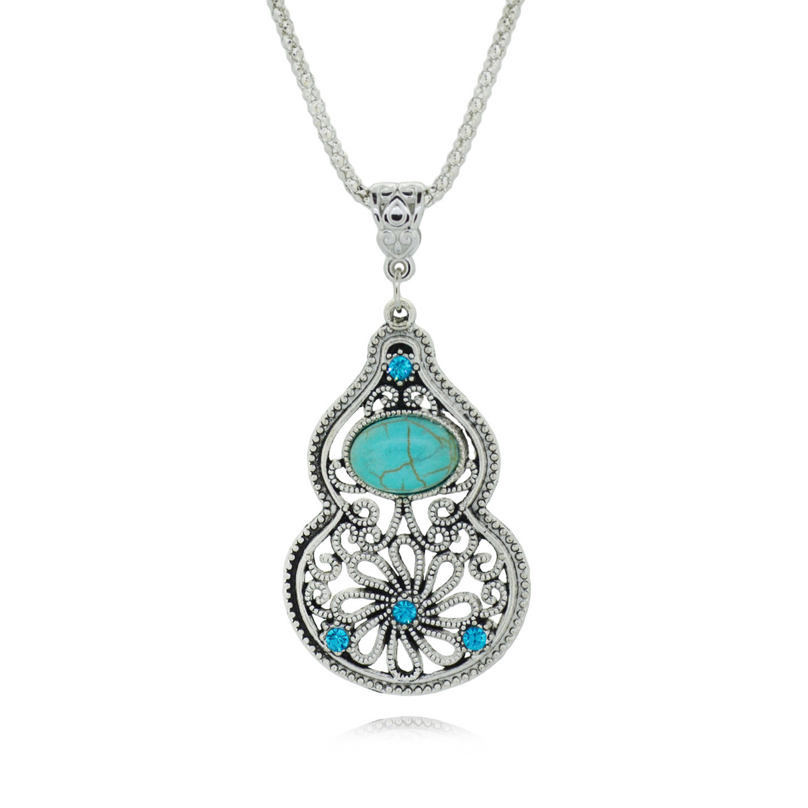 New 2014 High Quality Vintage Look Hollow Turquoise Necklaces Silver Calabash Necklaces Pendants Women Jewelry on