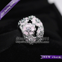 NEW S925 Sterling Silver Primrose Charm with Clear Cz and Pink Enamel Charm Beads Fit European Charm Bracelets & Necklaces BE229