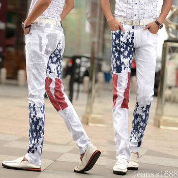 Белый мода истинные мужчин джинсы уникальный сша флаг большой размер печать эластичный хлопок большой размер 40 42 джинсы для мужчин модный дизайн