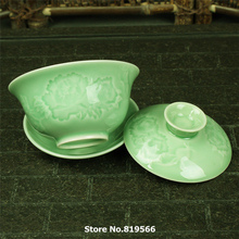 New Chinese Longquan Ceramic Kung Fu Gaiwan Celadon Porcelain Tea Cup Bone China Set Drinkware Service