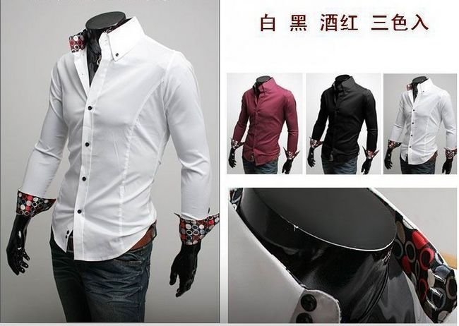 Slim business elite men's classic decorative lace cuff shirt (black, white, wine red) CS-61(China (Mainland))