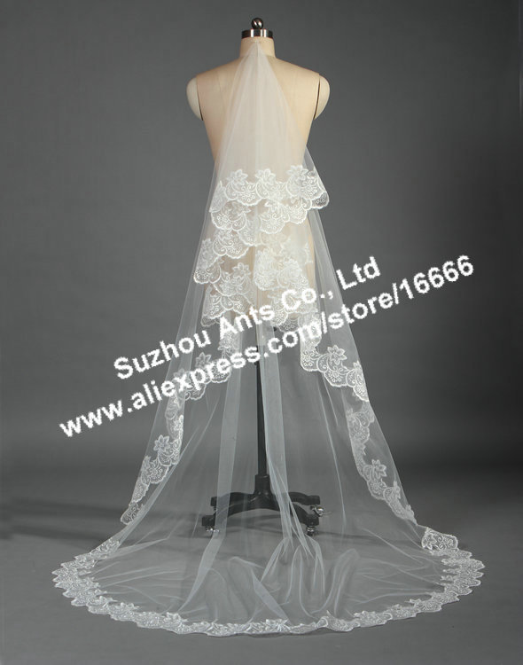 50 Discount Free shipping Hot sale long Bridal Veils with Lace Edge