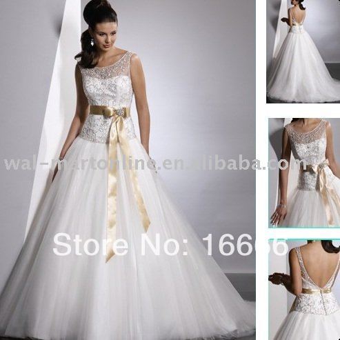 Stunning A Line Sash Lace Floor Length BN458 backless wedding dress gown