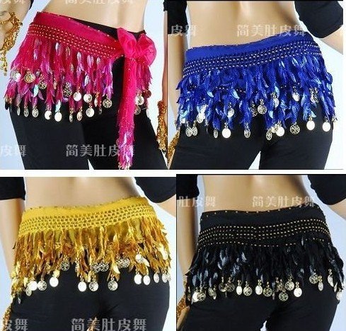 Beautiful Belly dance chiffon hip scarf With colorful leaves design sequins and coins 100 Quality Guarantee