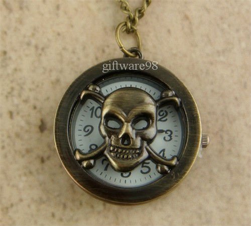 Vintage Copper Bronze Skull Pocket Watch Necklace Pendant J0093(China (Mainland))