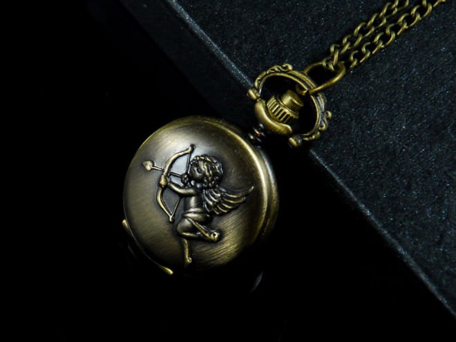 Free shipping wholesale Christmas gift J075 Angel Cupid Brass Tone Round Pocket WATCH Necklace