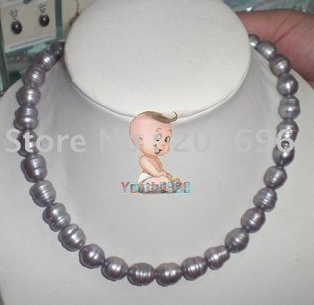 14K  10-12MM SW SILVER GREY BAROQUE PEARL NECKLCE