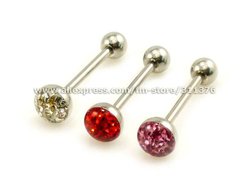 Lot 14g~1.6mm 316L Surgical Steel Barbell Tongue Rings with Crystal Paved Ferido Gem Dome Top Body Piercing Jewelry(China (Mainland))