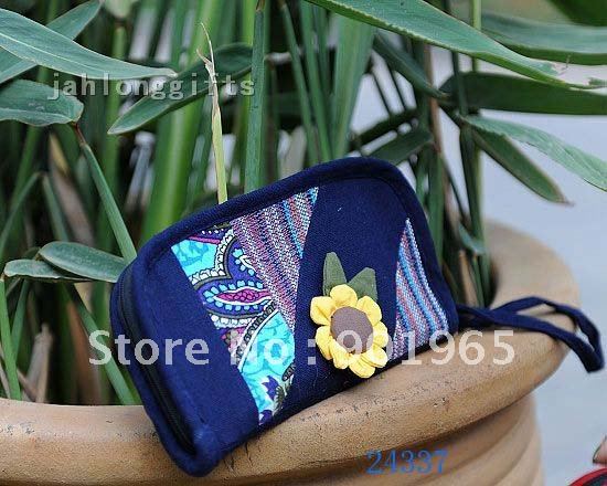 Wholesale Women's Cloth Purse Wallet Bag Handicrafted Ethnic Miao Style Sunflower Decor Blue 10cs/lot Mixed Color Free Ship(China (Mainland))