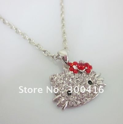 6pcs cute hello kitty red bow pendant crystal necklace L29+free shipping(China (Mainland))