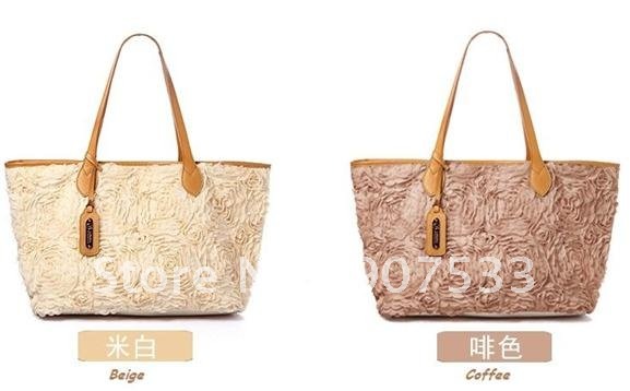 Top Brand, Original With Genuine Leather + Lase + Flower HandBags, Womens Ruffle Style Tote Bags, OL Chic Handbags, N0.25172#(China (Mainland))