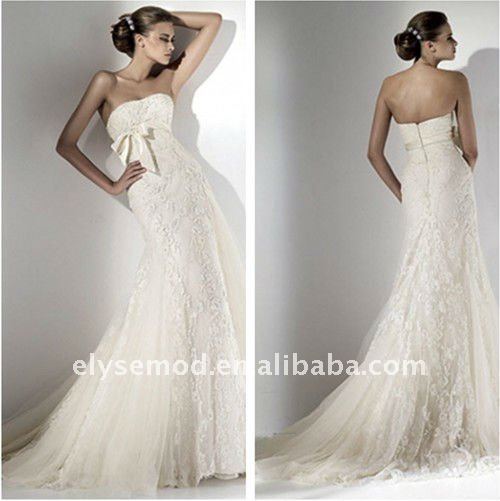 Romantic Mermaid Tulle Lace Bridal Wedding Dress with Bow