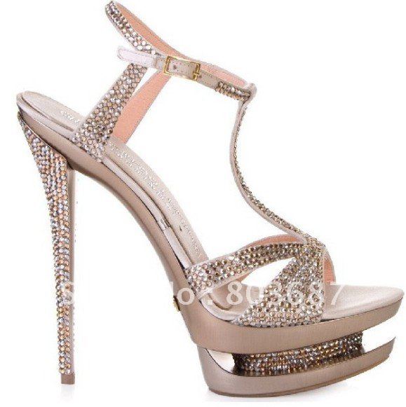 Gold women pumps Diamond Real Leather High Heels Dual Platform ...