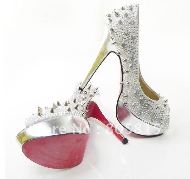2011 latest white satin hot drilling rivet wedding shoesfashion high heels