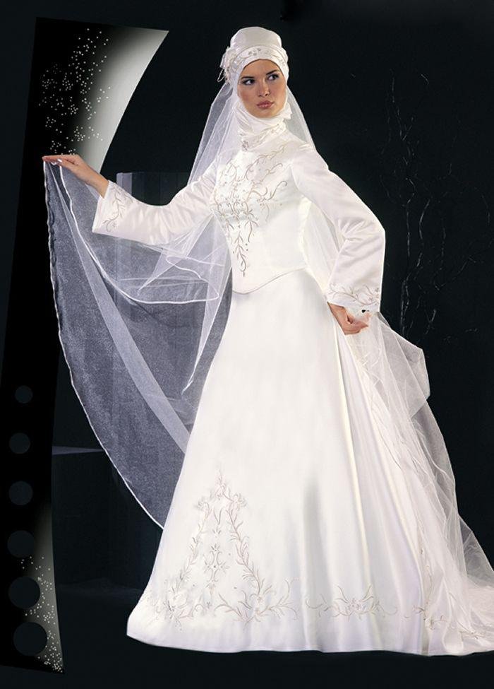 b008 high quality satin embroidery highneke long sleeve muslim bridal dress