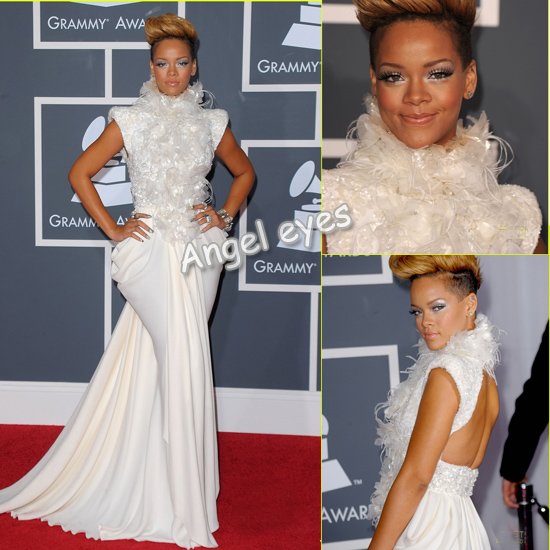 Rihanna Grammys Mermaid High Collar Feathers Backless Paillettes Red Carpet