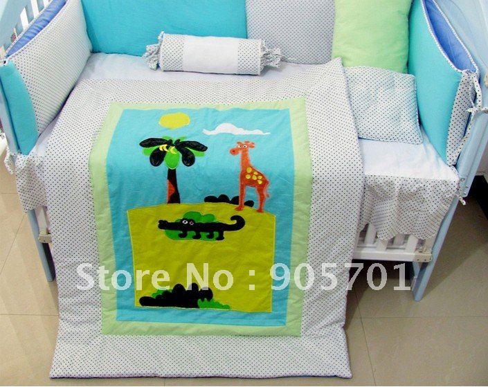 Free shipping~~ 6pcs embroidery baby boy bedding set/baby cirb bedsheet set/crib bedding(China (Mainland))