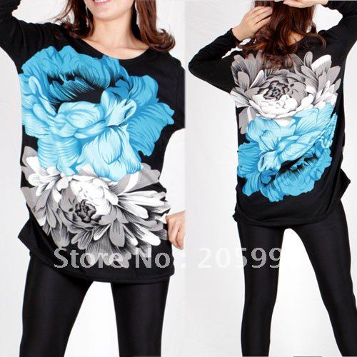Free shipping wholesale and retail blue flower  blouse Sweatshirt  lady T-shirt  size M L