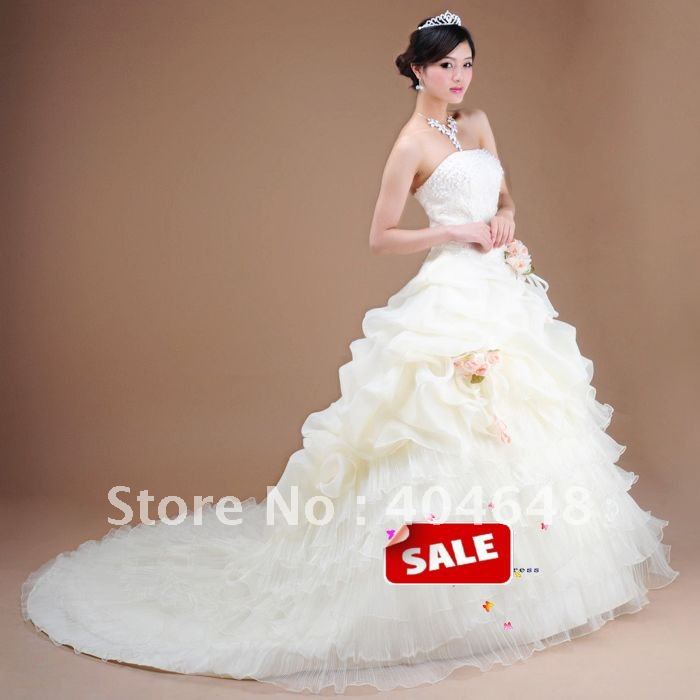 Light champagne Strapless wrinkle bead lace large trailing Wedding Limited 