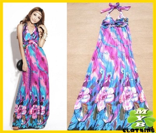  Retail Fashion Bohemia Purple Color Halter Floral Summer Long Dress