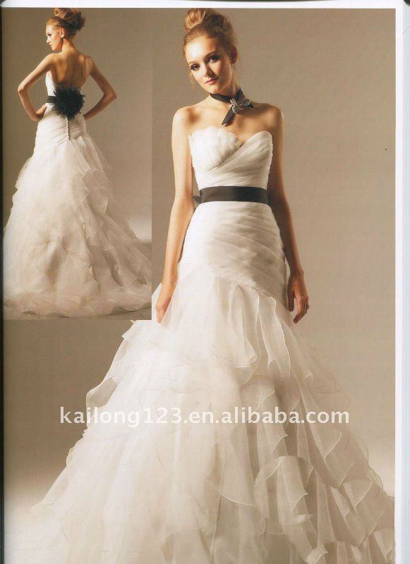 Sheath Black Sash with Flower Ruffled Pleated and Tiered in Bridal Gown