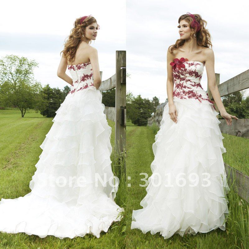  ONW8 Angel Lace Applique Cascading Ruffles Red and White Wedding Dresses