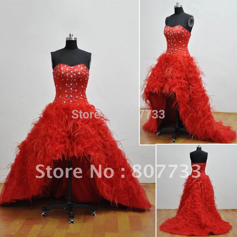 beaded sweetheart red feather front short and long back wedding dress