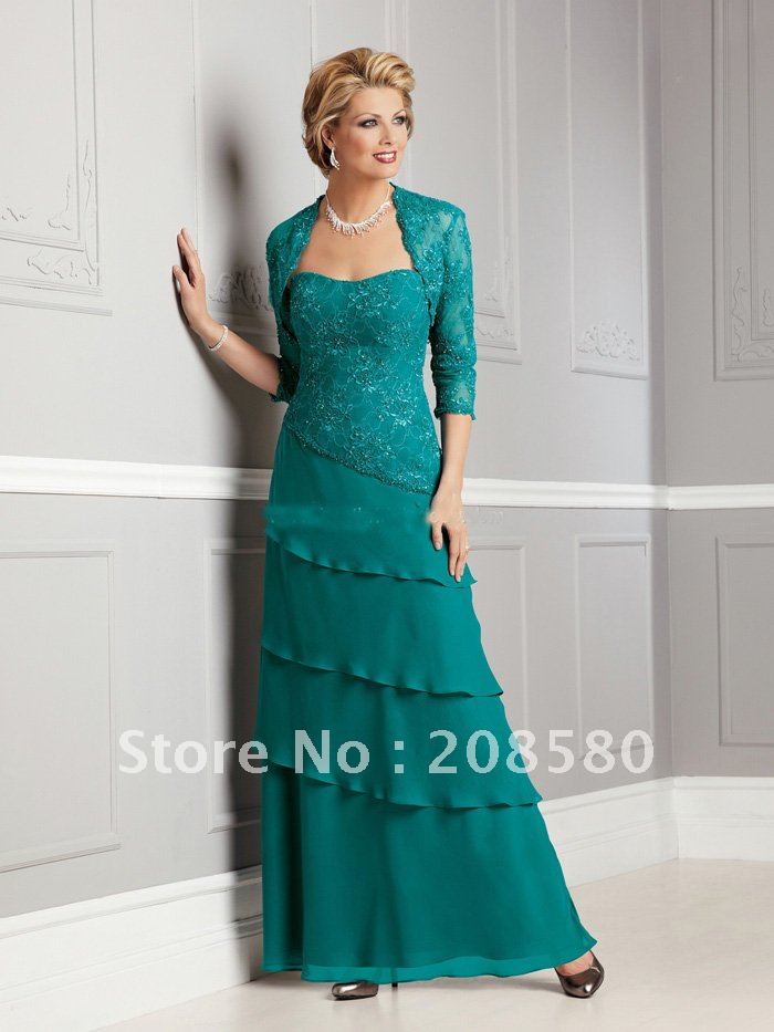 Green plus size lace long sleeve Aline mother dresses gowns chiffon zipper