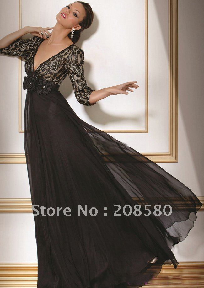 Sexy black lace long sleeve vneck mother dresses gowns chiffon M505