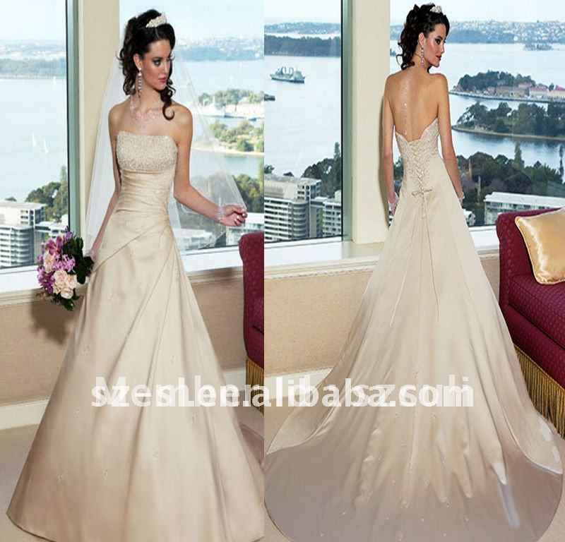 SLx0339 sexy silk low back beaded trim tea length champagne wedding dress