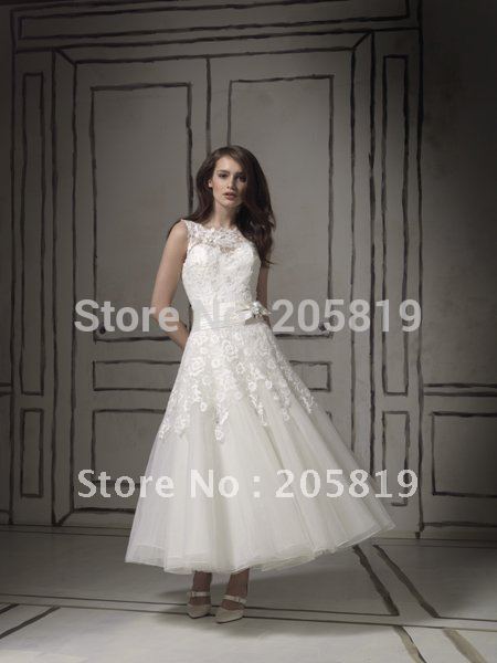  Ribbon on Waist Ball Gown Tea LengthTulle Wedding Dress IWD8555