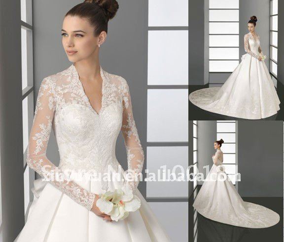 2012 Modern A Line Sweetheart Long Sleeve Lace Satin Princess Gown Wedding