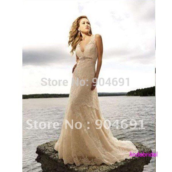 Sleeveless V Neckline Bridal Gown Champagne Lace Beaded Wedding Dress Aline 