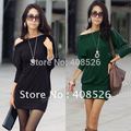 Women's Off-Shoulder Tops Shirt Zip Korea Batwing OL Long Sleeve Dress 2 Colors M,L,XL Free shipping 3492