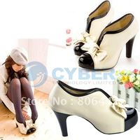 2012 New Arrival Fashion Sexy Lady's PU Bow high Heel Shoes Pump Platforms Ankle Boots Beige 4 Sizes + Free Shipping(China (Mainland))