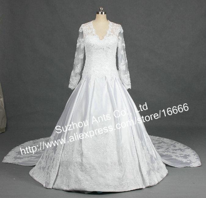 ALine White Princess Lace and satin Long Sleeve Bridal Gown button back 