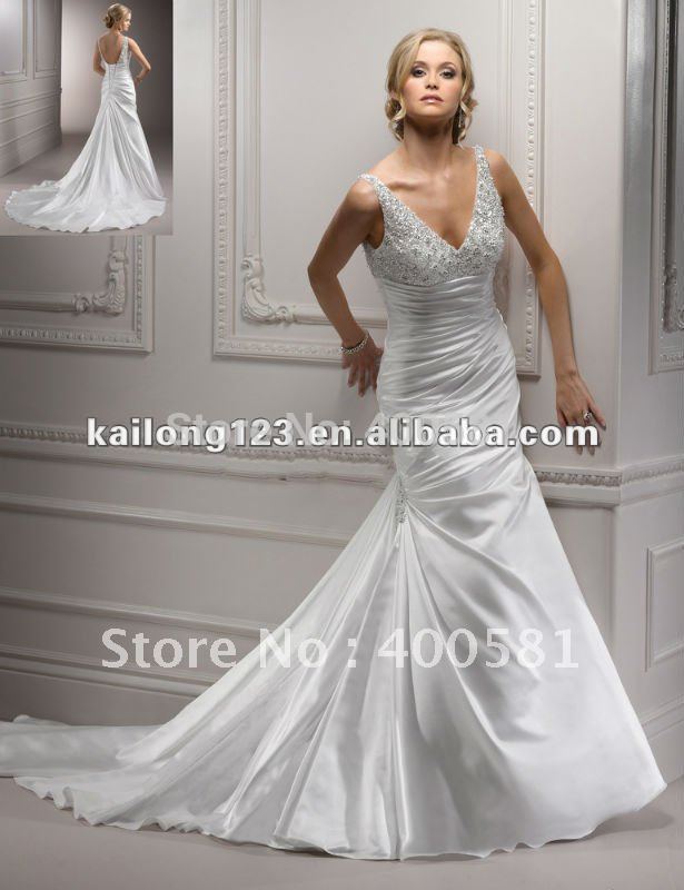 Fit and Flare Chapel train Crystal Beaded Taffeta Pleated Wedding Gown