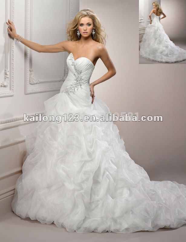  train Crystal Beaded Ruched Pick Up Organza Ball Gown Wedding Dresses