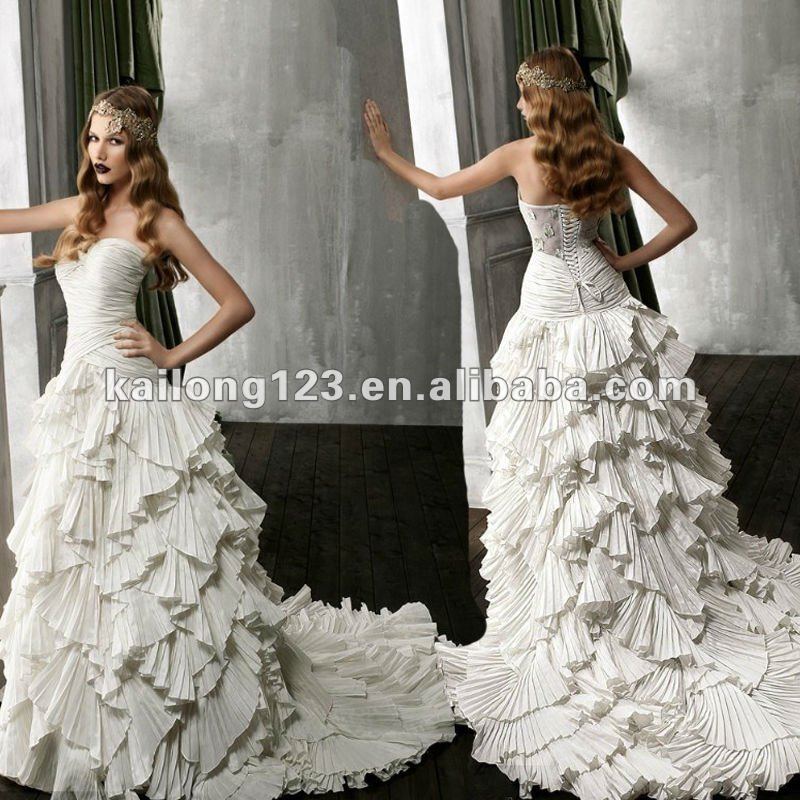 Romantic Ruching Pleated Tiered Appliqued Aline Wedding Gown