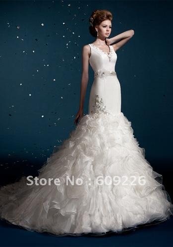 Tank Sleeve V Neckline Organza Mermaid Designer Wedding Gowns with