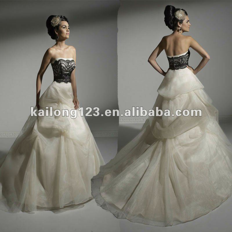 Elegant Black Lace Sash Bow Pick Up Organza White Wedding Gown 2012