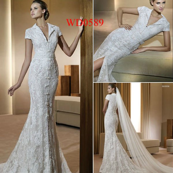 WD0589 Short Sleeve Mermaid Lace Traditional Chinese Wedding Dress