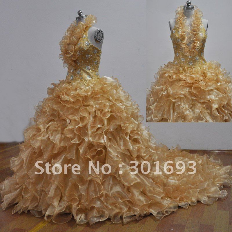  ORW173 Sheer Organza 1m Long Train Halter Gold Champagne Wedding Dresses