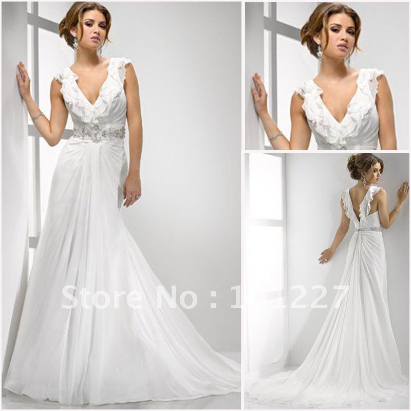 MG1522 Free Shipping Elegant Aline Vneck White Chiffon Wedding Dress