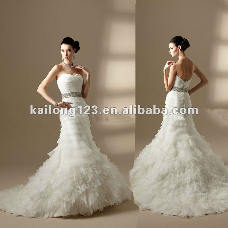  Beaded Tiered Sweetheart Organza Trumpet White Feather Bridal Gown