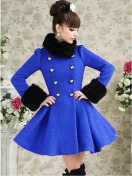 fur collar double breasted waist thick woolen long WOMEN coat WOMEN