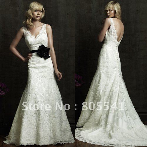 Free Shipping Aline Vneck Lace Wedding Dress ALRE8825 with Black Sash ON 