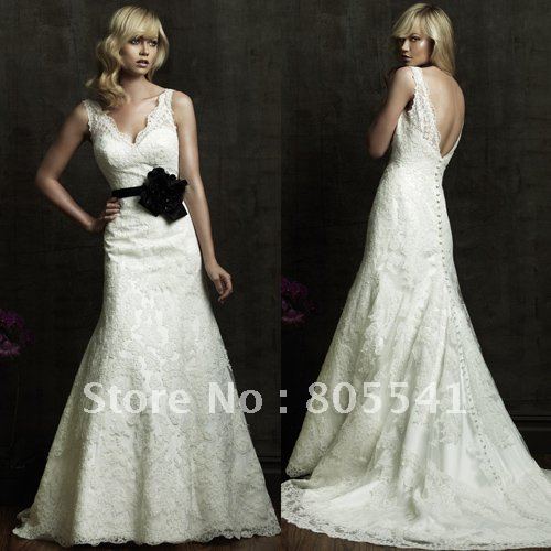 Lace wedding dress with black sash